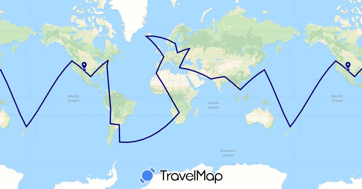 TravelMap itinerary: driving in Argentina, Botswana, Canada, Chile, Falkland Islands, France, Greece, Iceland, Japan, Morocco, Nepal, New Zealand, Peru, Pakistan, Poland, Russia, Sweden, United States, Vietnam (Africa, Asia, Europe, North America, Oceania, South America)